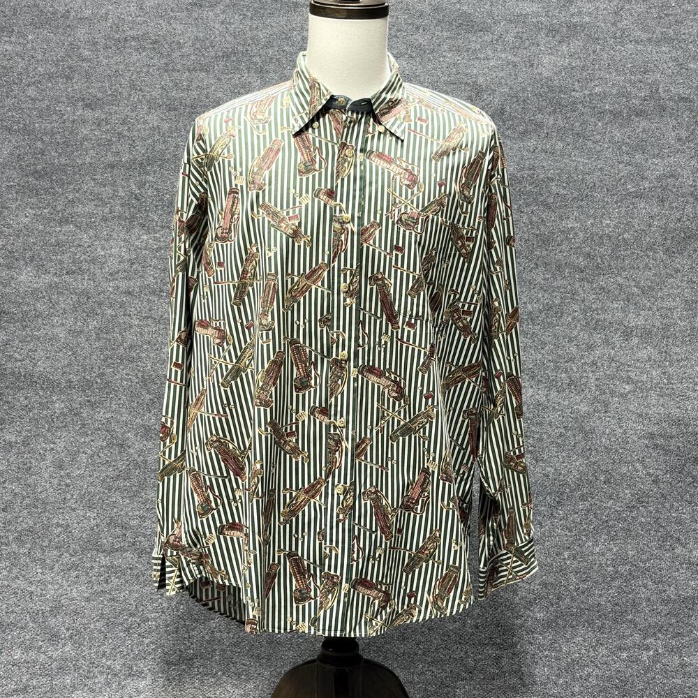 Vintage Tommy Hilfiger Shirt Mens XL Green Striped Golf Novelty Button Down 90s